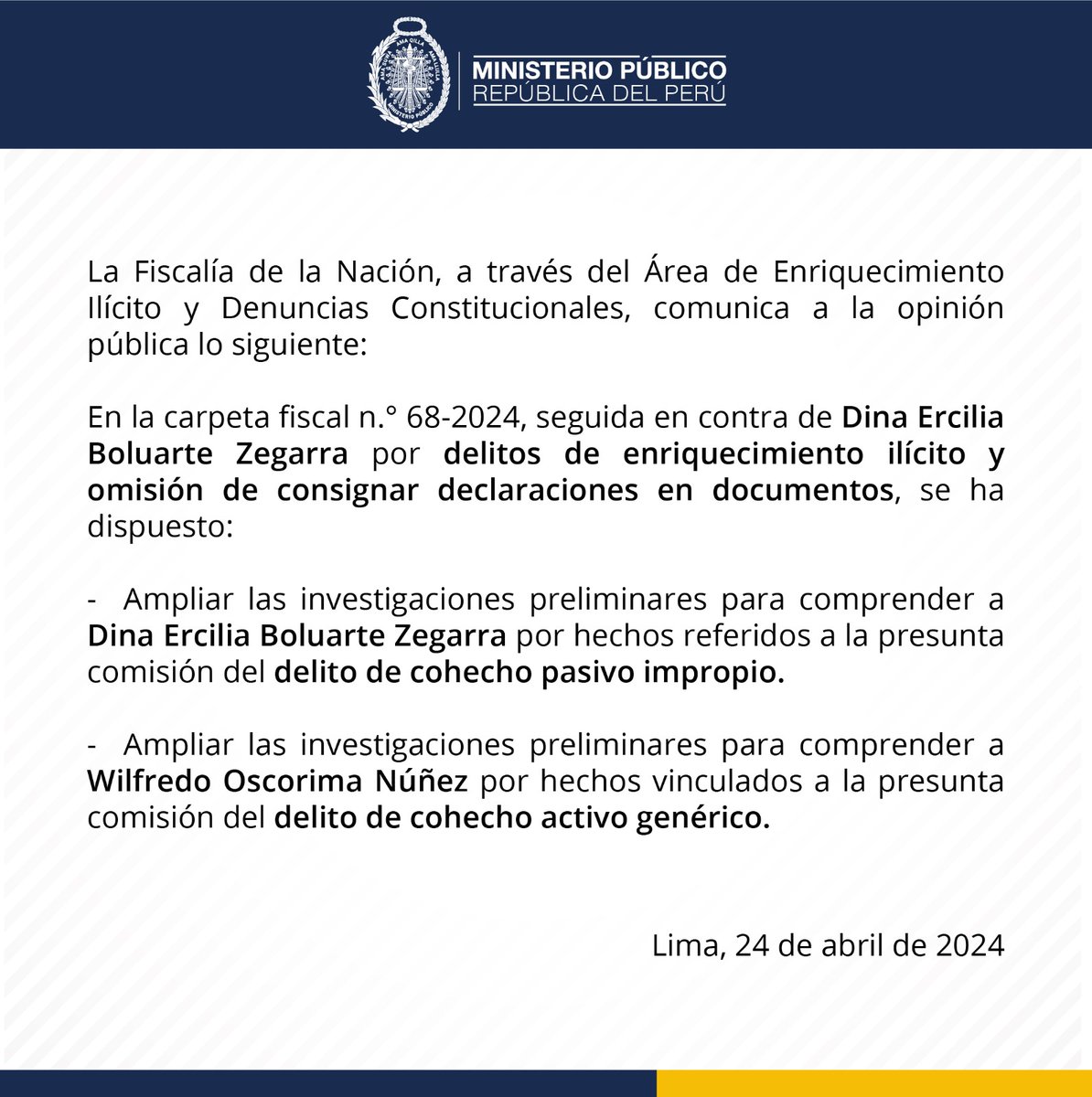📢 Fiscalía de la Nación informa que dispuso la ampliación de la investigación contra Dina Boluarte Zegarra y Wilfredo Oscorima Núñez.