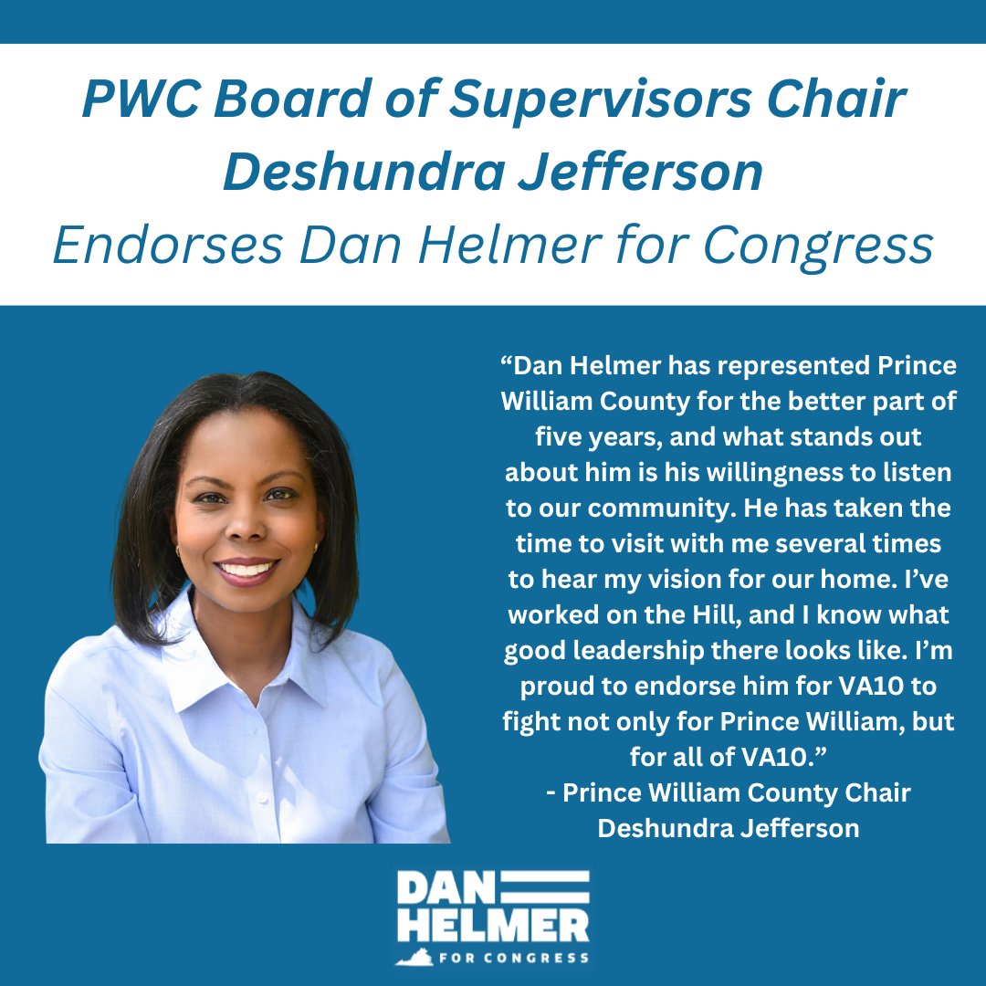 I am truly honored to have the endorsement of @DeshundraTweets for our campaign in #VA10. She has fought and stood up for PWC everyday as Chair. I've been proud to partner with her in that work and look forward to continuing that partnership in Congress!