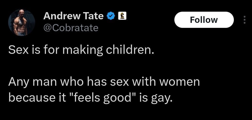 Andrew Tate has achieved maximum Straightriotism, which is only unlocked when the sex is so straight, it’s a little gay.