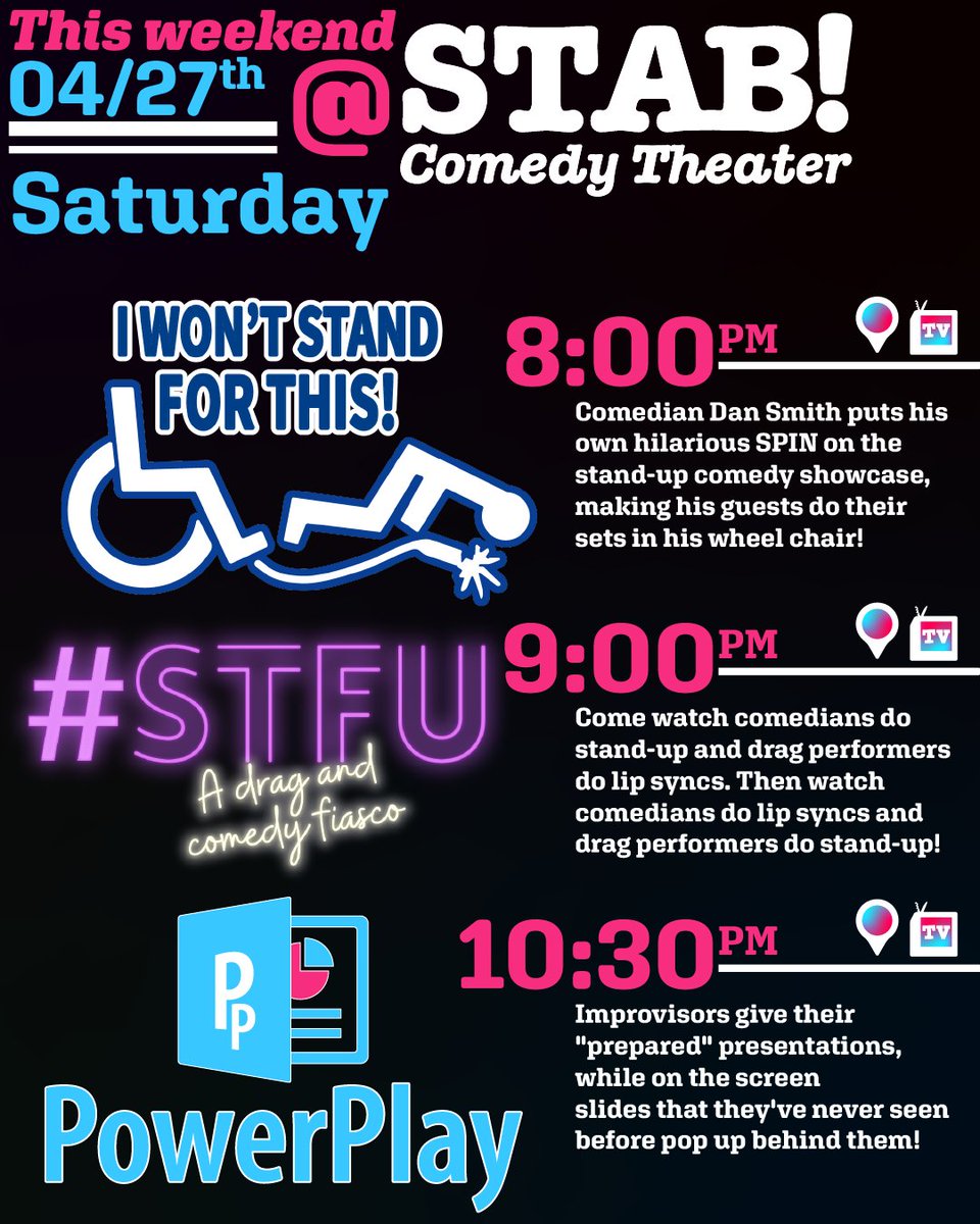 stabcomedy's tweet image. April 26th
7:30pm - (🔪) the STAB! show
9pm - (⚔️) Dual Duel 5: Redemption!
April 27th

8pm - (♿) I Won't Stand For This
9pm - (💄) lolgbt+ Presents: #STFU!
10(ish)pm - (📈) PowerPlay

April 28th
7pm - (🍇) STAB Jam!
8pm - (⚔️) Dual Duel 5: Quarter Finals 2