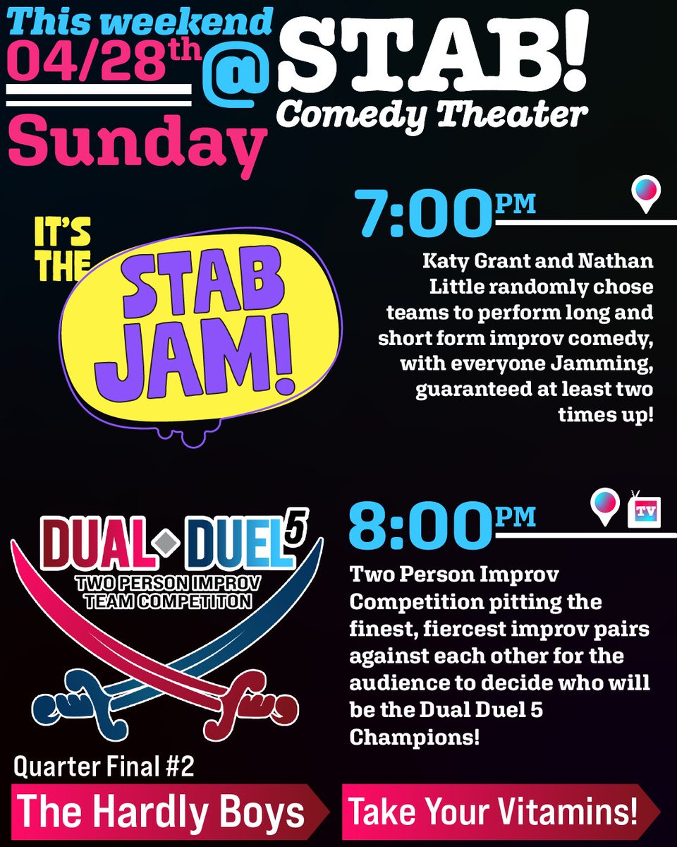 stabcomedy's tweet image. April 26th
7:30pm - (🔪) the STAB! show
9pm - (⚔️) Dual Duel 5: Redemption!
April 27th

8pm - (♿) I Won't Stand For This
9pm - (💄) lolgbt+ Presents: #STFU!
10(ish)pm - (📈) PowerPlay

April 28th
7pm - (🍇) STAB Jam!
8pm - (⚔️) Dual Duel 5: Quarter Finals 2