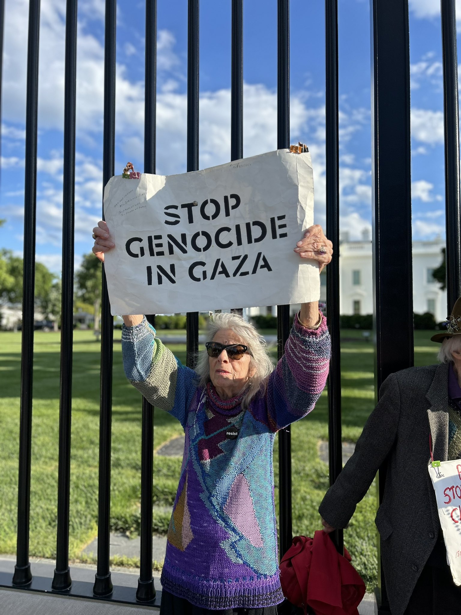 Marione Ingram stands at the White House in a hand knit purple and blue sweater.
She holds a sign that says Stop Genocide in Gaza.