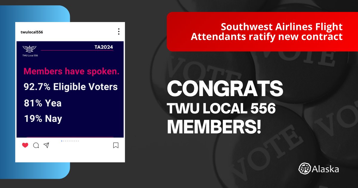🎉 Big congrats to @TWU556! Your new Collective Bargaining Agreement with @SouthwestAir is a win for us all. It shows what unity can achieve. Here's to continuing our fight against corporate greed together! #1u #SolidarityForever #UnionStrong