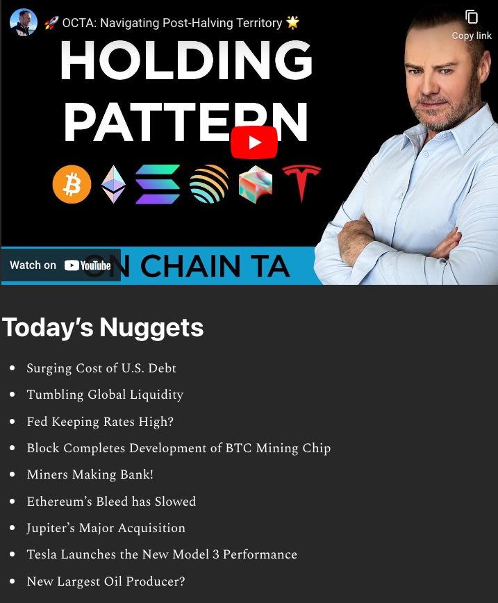 #OCTA RECAP: Can #Block's new $BTC chip could revolutionize mining, #Tesla speeds ahead, top oil producer spot, CMC hits $2.5T, U.S. debt surges & global liquidity tumbles📉 Fed keeps rates high, driven by enduring investor Greed!📊 #CryptoUpdate open.substack.com/pub/investansw…