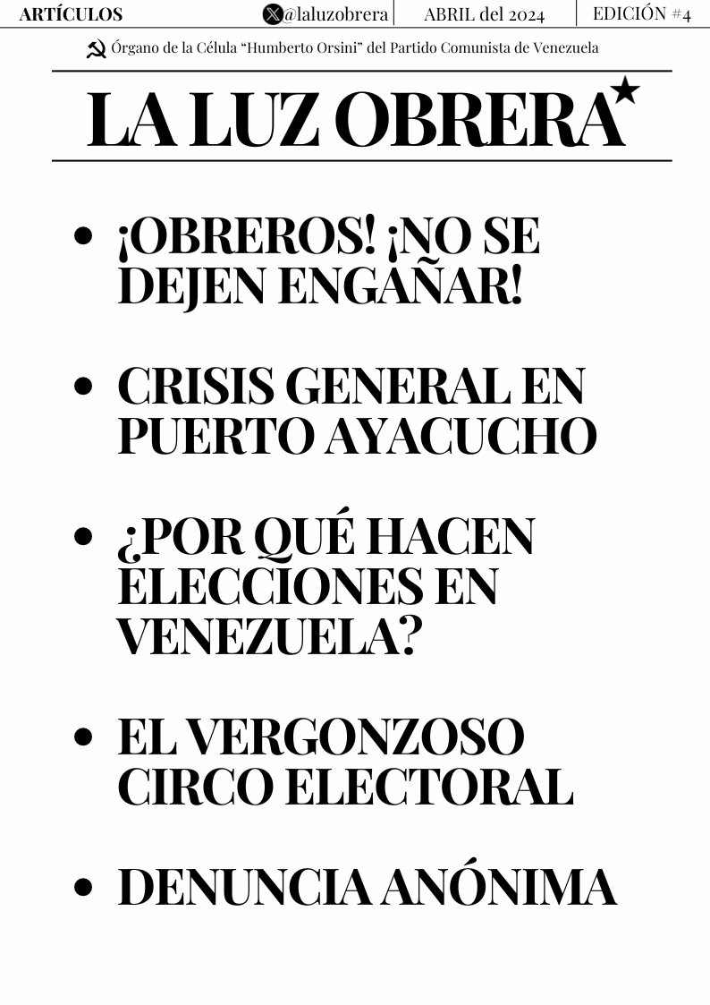 La 4º Edición de #LaLuzObrera🗞️ya se encuentra publicada en nuestra Web. En esta edición de #Abril tenemos 3 artículos nuevos 📷 Descárgalo aquí⬇️ humbertoorsini.github.io/laluzobrera/pe… #Periodismo #Maracay #Abril2024