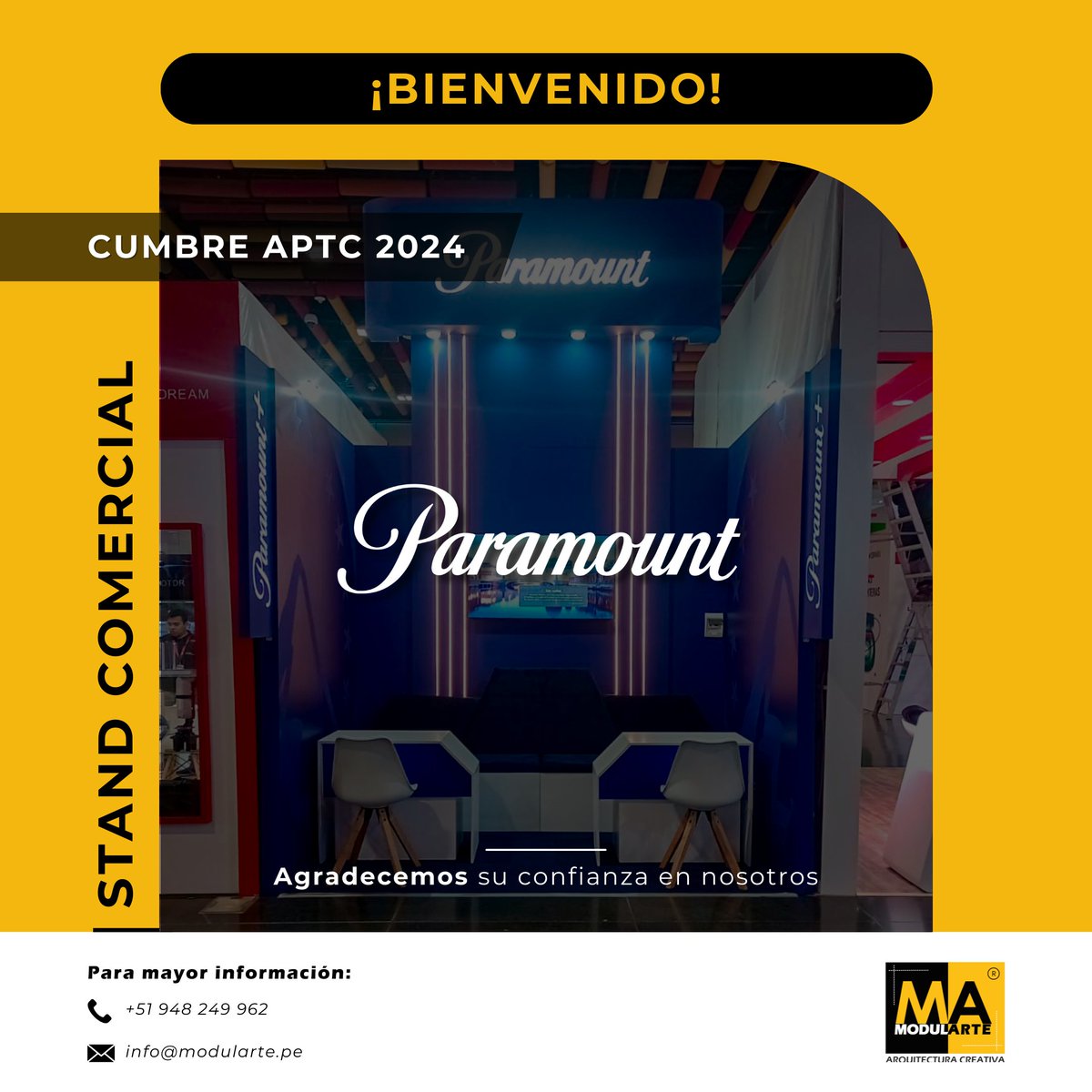 Modularteperu's tweet photo. ¡Celebramos con entusiasmo la llegada de un nuevo cliente a la familia Modularte!🎉 Hoy damos la bienvenida a Paramount, para quien hemos diseñado, ejecutado e instalado su stand comercial para el evento de la cumbre APTC que inicia hoy mismo.
Contacto:
🌐 https://t.co/z1t5G5jaZ6 https://t.co/ziYTa48qt5