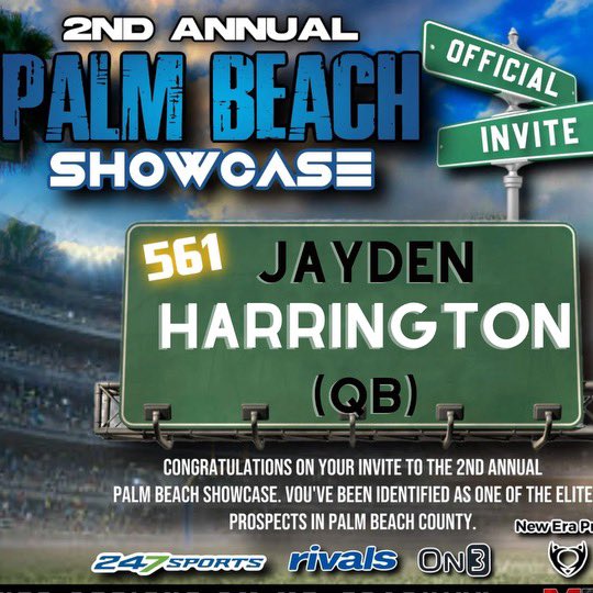 I am honored to receive an invitation to the 2nd Annual Palm Beach County Showcase. @EraPrep @247Sports @On3Recruits @SCanyonsFB @Coach_Gonzo1357 @Coach_Pica @CoachTinsley_SC @Rivals