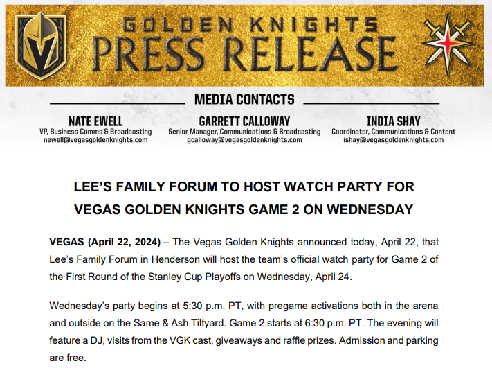 📢Attention @ClarkCountySch VGK fans! Our partners @GoldenKnights announced that Lee’s Family Forum in Henderson will host the team’s official watch party for Game 2 of the First Round of the Stanley Cup Playoffs today, April 24. Admission and parking are free. 🏒