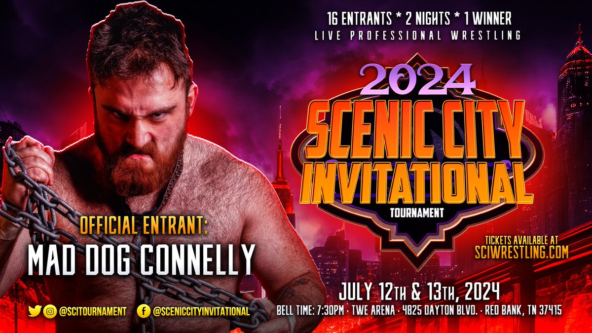 *Entrant Announcement* The 16th and final entrant in the 2024 Scenic City Invitational tournament on July 12 & 13 at @TWE_Chattanooga is.... @mdcon420 ! Get those tickets before they're gone! Futures Entrants begin soon! Makabe's final opponent still to be announced!