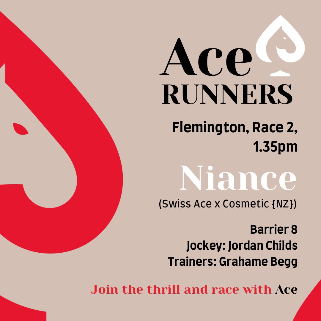 AceBloodstock's tweet photo. ♠️ We're looking forward to the day ahead @FlemingtonVRC as Niance (Swiss Ace x Cosmetic) takes on Race 2 under @JChilds47 for @Grahame_Begg.
Here's to another great day on track with our members!
#RaceWithAce #JoinTheThrill https://t.co/AD13FQzWdf