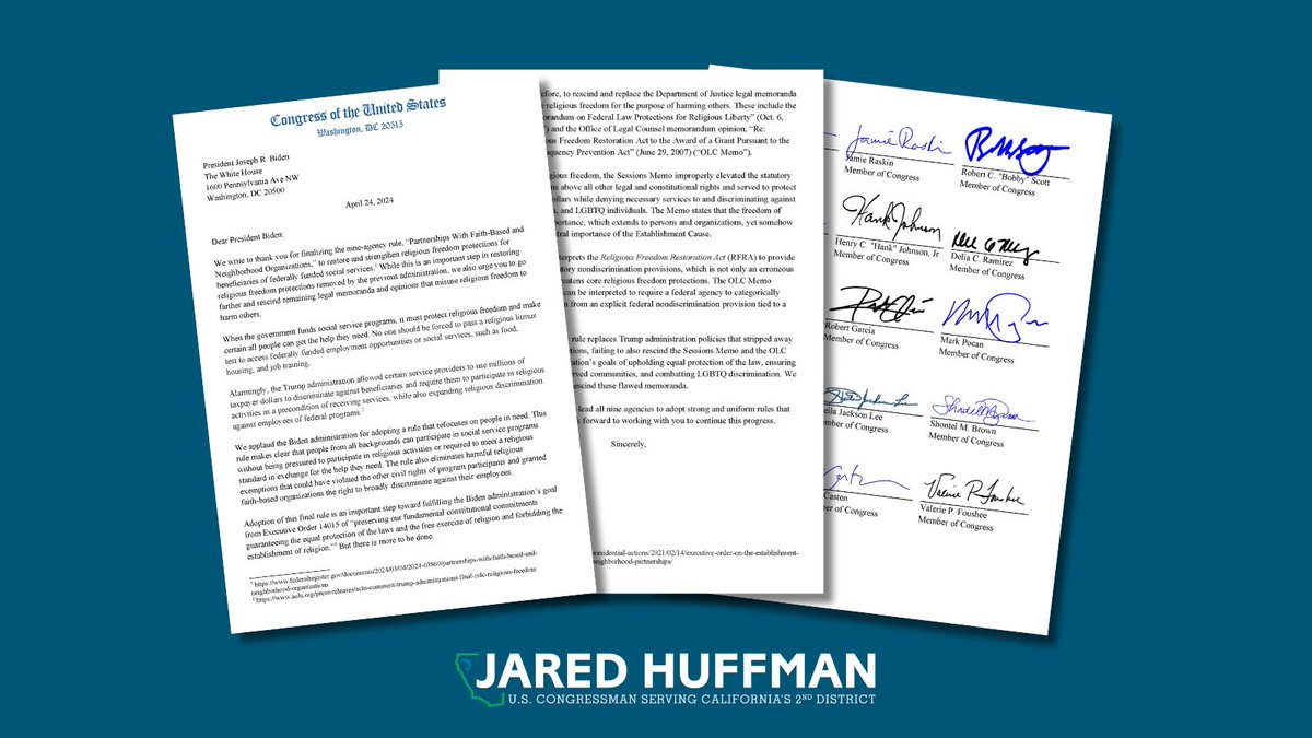 No one should be forced to pass a religious litmus test in order to receive federally funded assistance. @POTUS Biden made a great decision rescinding 9 Trump-era policies that violated religious freedom—but we want to see him finish the job and revoke the remaining DOJ actions.