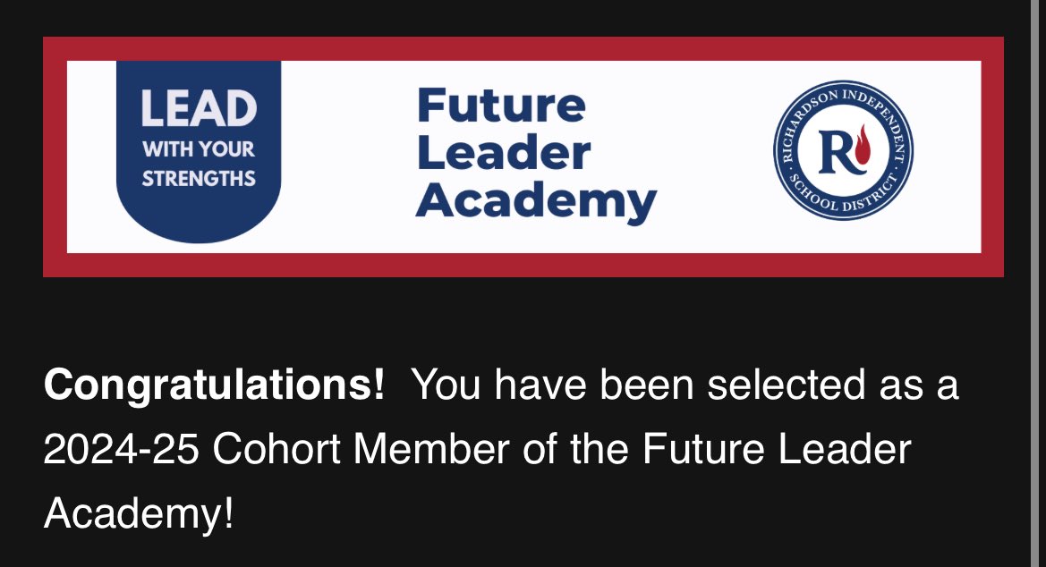 sometimes you get good news at the PERFECT time!! Feeling so lucky and blessed to be apart of the 2024-2025 future leaders cohort! 
Feel so grateful to be apart of a district that cares about its staff and their GOALS! ❤️💙🤍  
#RISDWeAreOne #flarisd #risd  @RichardsonISD