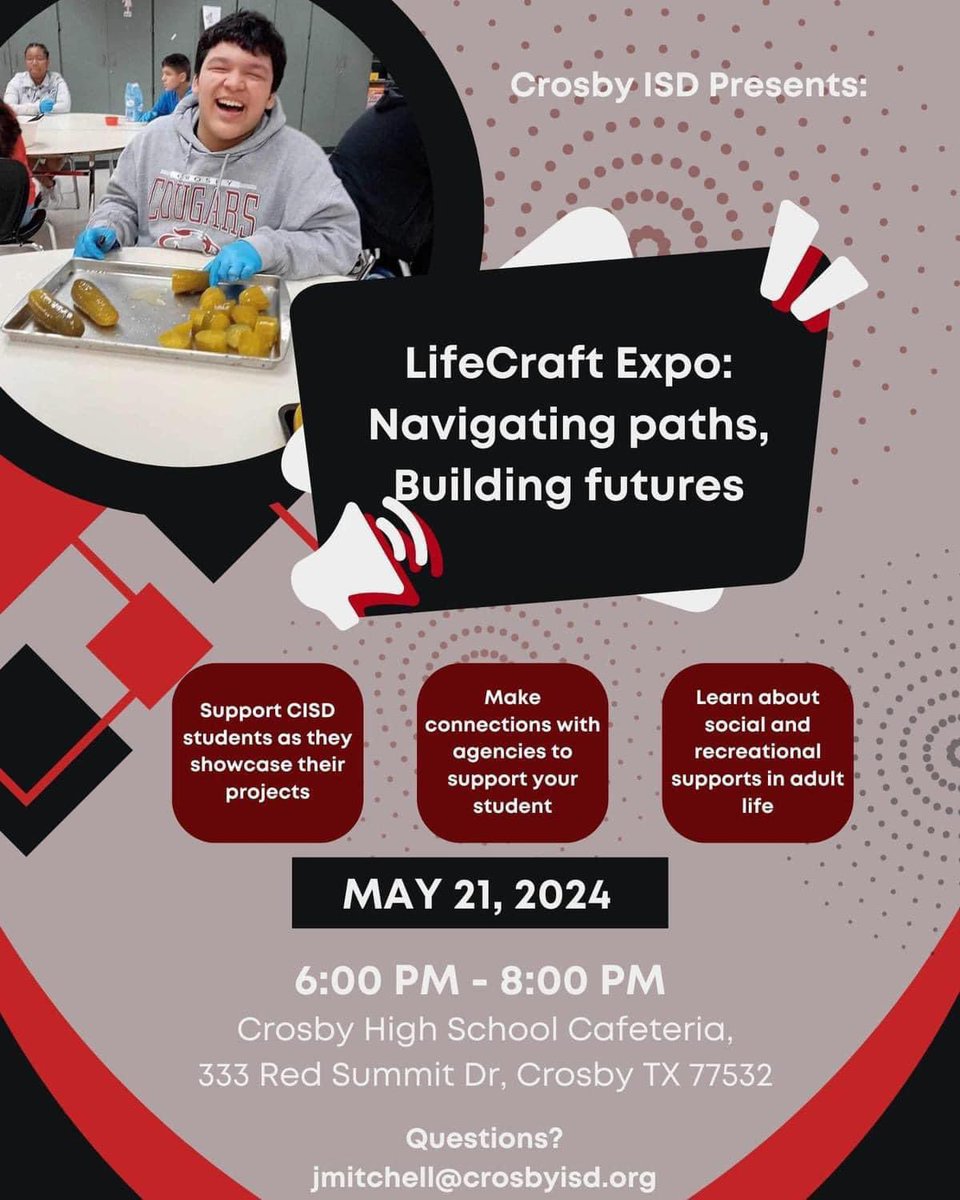 Save the date! Come hang out with the Crosby ISD SPED department as our students display their skills with projects they’ve completed this year! @CrosbyISD @JennEwen82