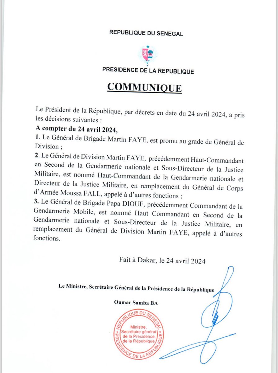 Haut Commandement de la Gendarmerie : le Général Moussa Fall remplacé par le Général de Division Martin Faye, nommé par décret ! #Kebetu