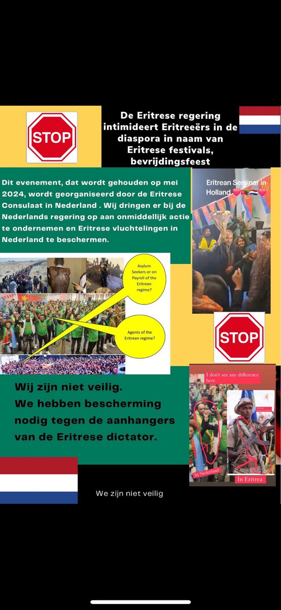 “A Message to The Netherlands Authorities”
The Eritrean government intimidates Eritreans in the diaspora in the name of Eritrean festivals and liberation day parties.
This event, which is held on May 2024, is organized by the Eritrean Consulate in the Netherlands. We urge the