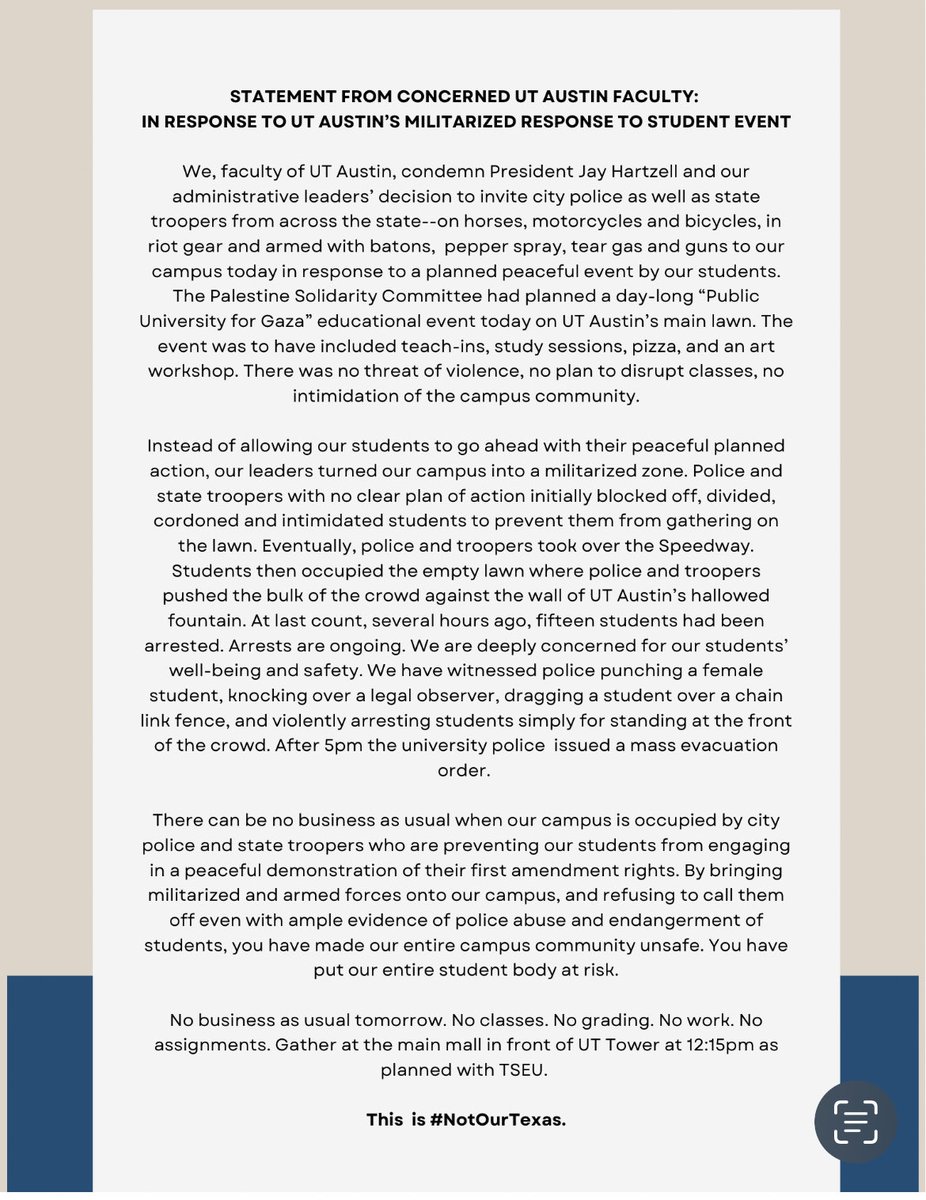 chelsey_zhu's tweet image. Update: Multiple UT faculty tweeted out a statement condemning the police presence on campus and announcing another protest tomorrow at 12:15 p.m. Read more about what happened today: kut.org/education/2024…