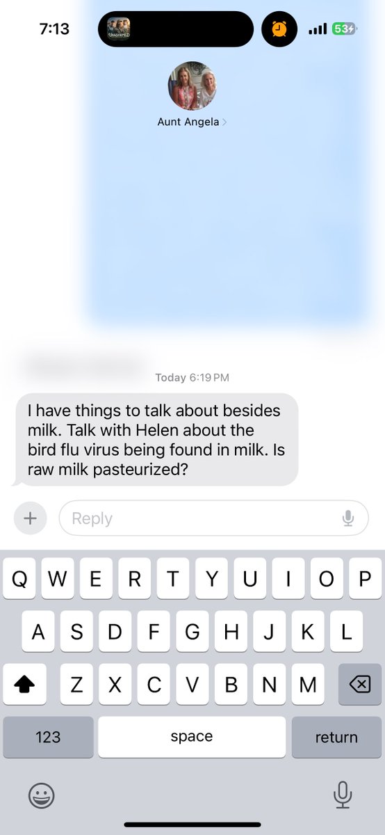 Aunt Angela’s back at it. Tonight when I got out of Hot Yoga , I had this text from her. #rawmilk #birdflu #donttrustthegovernment #cheers