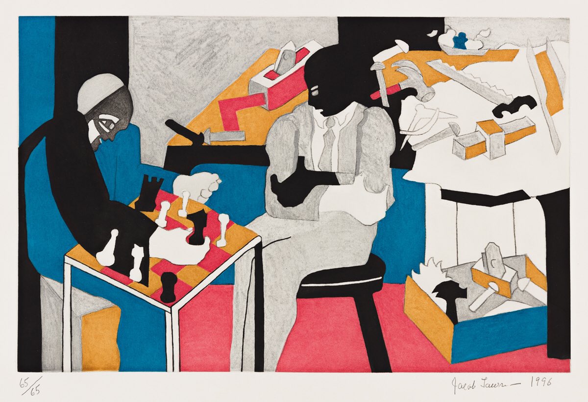 Four paintings by Jacob Lawrence (1917-2000):

“Chess on Broadway” (1951)
“Chess Players” (1954)
“Chessplayers” (1970)
“Two Builders Playing Chess” (1996)

en.m.wikipedia.org/wiki/Jacob_Law…