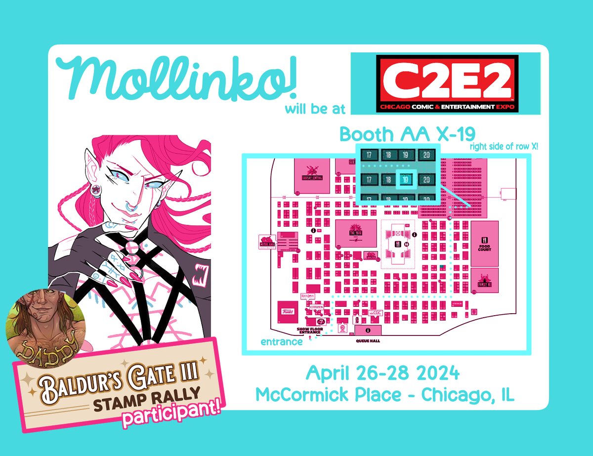 Here's where to find me at #C2E2 this weekend! I'll be in the Artist Alley corner in the top right of the map at booth X-19! I'll be sharing a table with the lovely Jenna Ayoub! 🩵 I'll also be participating in the Baldur's Gate 3 stamp rally so come by and get your stamp card!