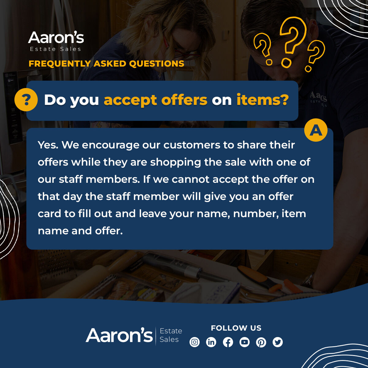 Got your eye on something special? 

💫 We accept offers at our sale! 

🛍️ Just chat with our friendly staff and let's make a deal happen! 

🔗aaronsestatesales.com/faqs/

#SaleOffers #LetUsKnow #OfferAccepted #Negotiation #MakeAnOffer #DealMaking #PriceNegotiation #BargainHunting