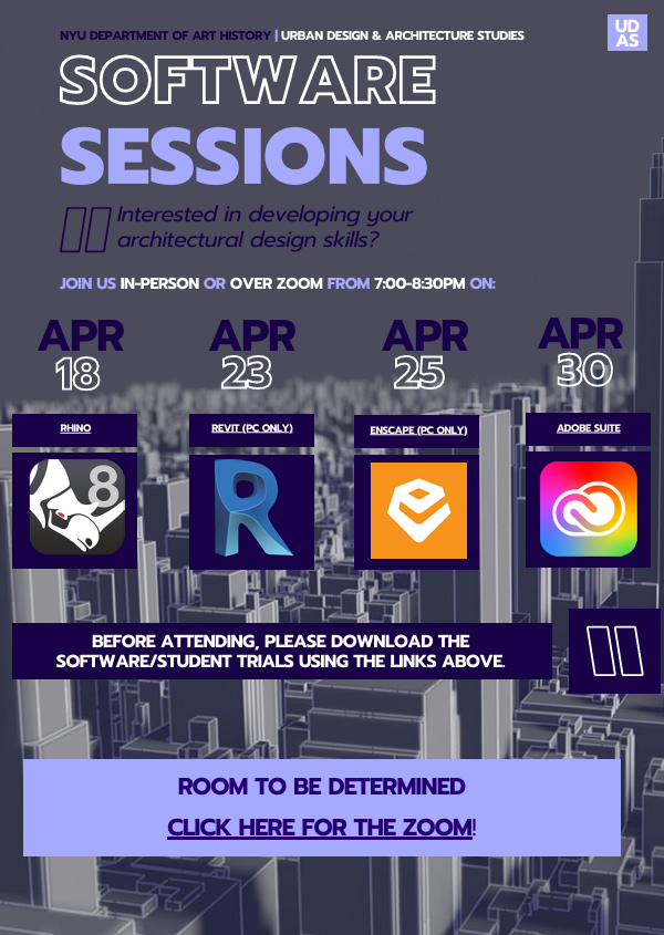 Hello all, there are two remaining digital design software sessions on 4/25 and 4/30. Don't miss out! 
Good luck with the last days of Spring semester.😓🫠 #nyuudas