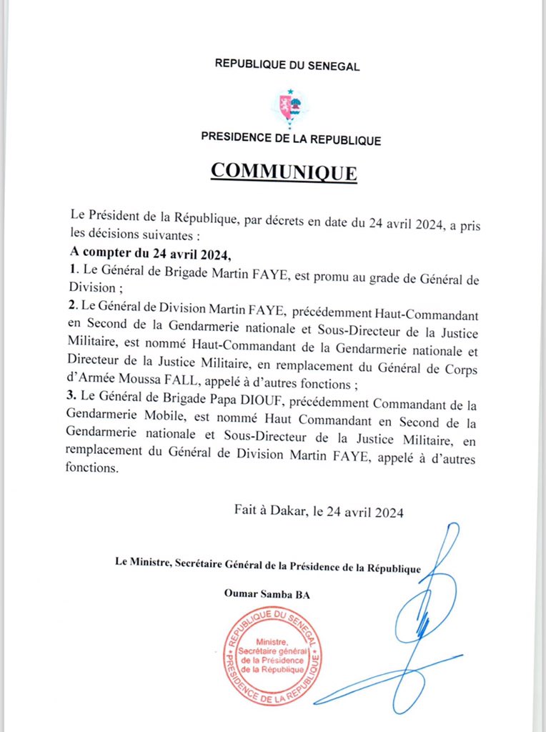 *Haut Commandement de la Gendarmerie : le Général Moussa Fall remplacé par le Général de Division Martin Faye, nommé par décret !*

 #Kebetu