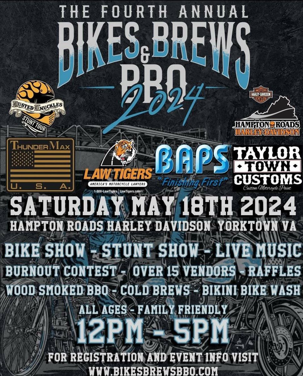 4th annual Bikes, Brews, & BBQ May 18 at Hampton Roads Harley Davidson in Yorktown, VA. 
#motorcyclerally #bikerrally #biker #bikerbabe #motorcycle #motorcyclist #motolife #bikeshow #brews #livemusic #harleydavidson #Virginia