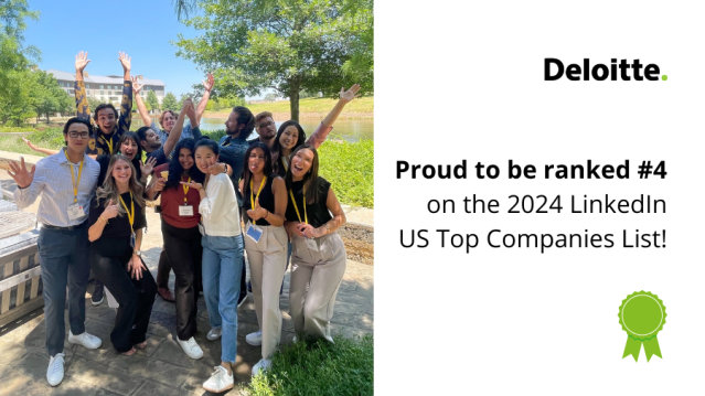 Exciting news! <a href="/DeloitteUS/">Deloitte US</a> is one of the 2024 LinkedIn Top Companies in the US. Proud to be part of an organization that invests in its people and supports career growth. #DeloitteProud #ReturnOnYou deloi.tt/4dermMM