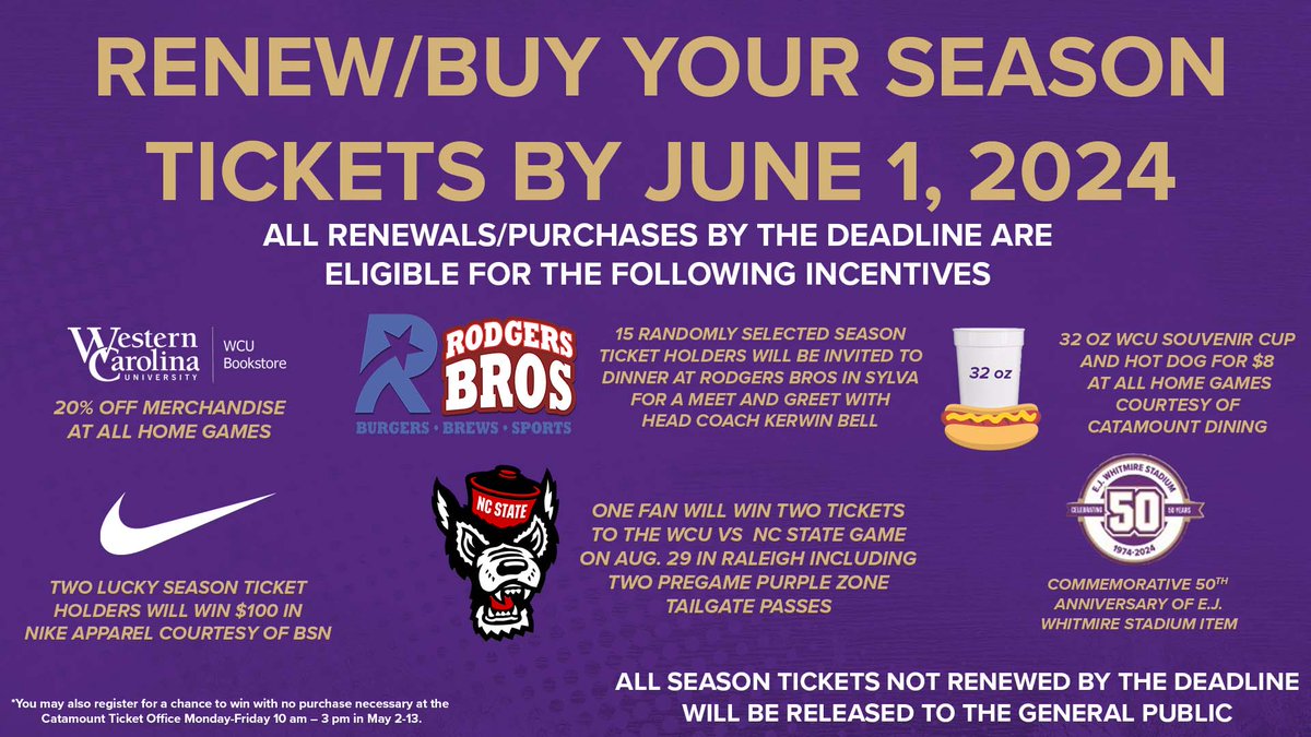 Lock in your spot for another thrilling season with the WCU Catamounts! Renew your season tickets now and be part of the action for the 2024 football season. Don't miss a single moment of the excitement! #CatamountCountry #LOTE