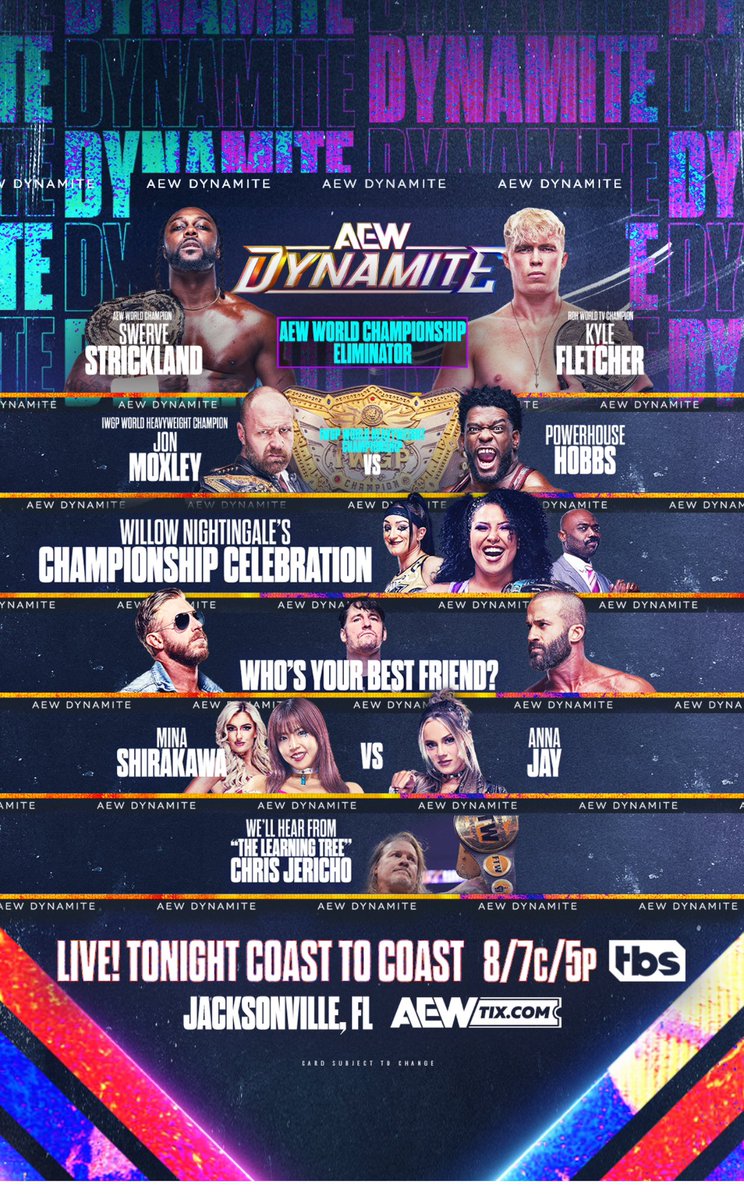 Watch #AEWDynamite LIVE at 8pm ET/5pm PT on @TBSNetwork, with the fallout of #AEWDynasty from @dailysplace in Jacksonville, FL!