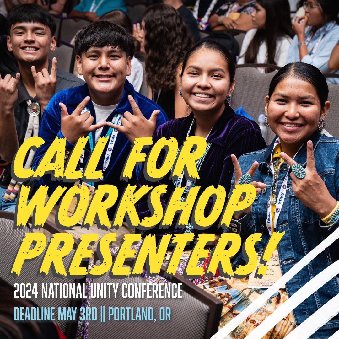Don’t miss this opportunity to present to Native youth from across the United States! UNITY is accepting Workshop submissions to be presented during the 2024 UNITY National Conference! Deadline May 3rd! For more information visit: unityinc.org/national-confe…