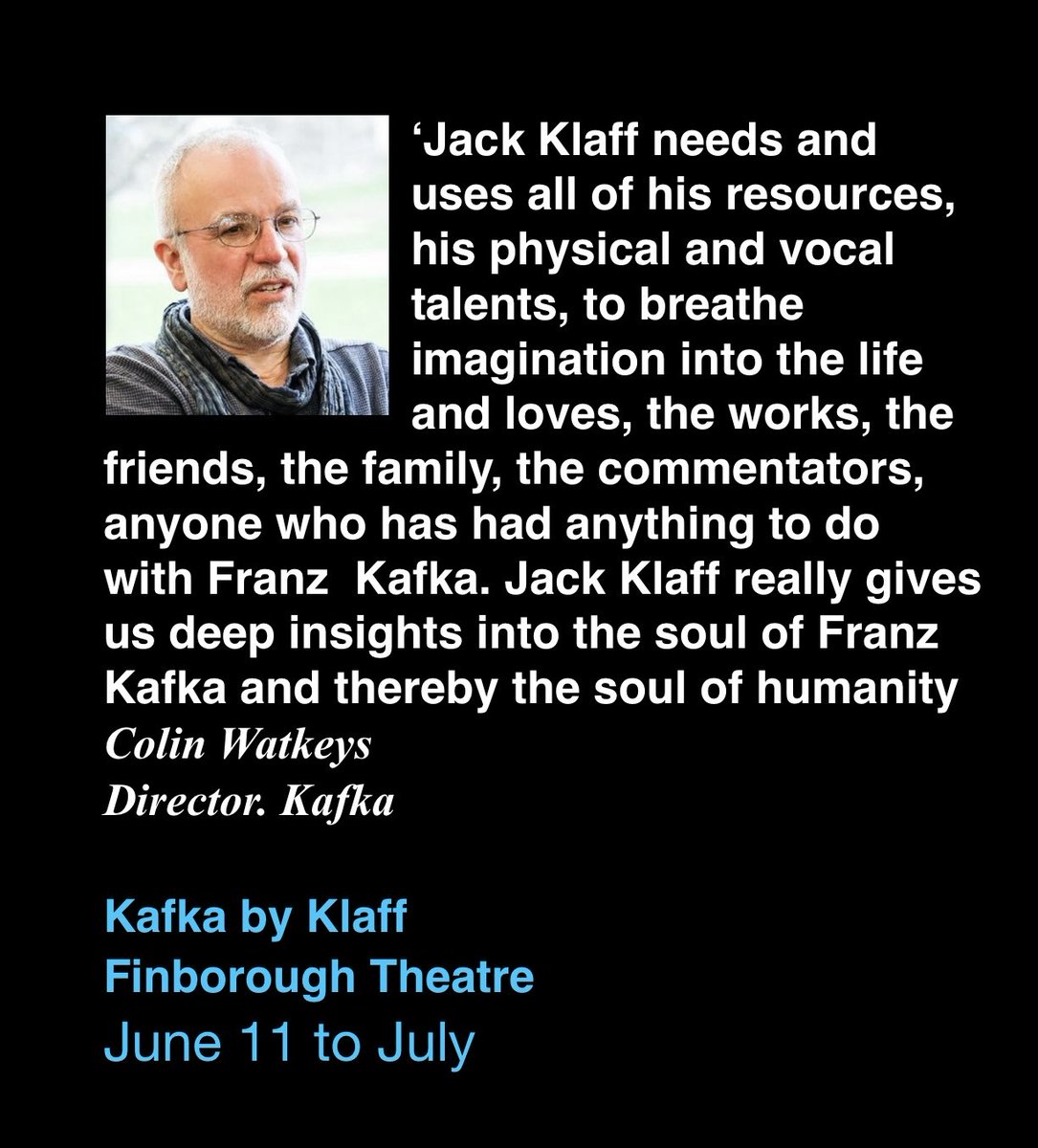 Kafka
by Jack Klaff
Finborough Theatre
11 June to 6 July 
Directed by Colin Watkeys 

Details, Info and
Booking:
finboroughtheatre.co.uk/production/Kaf…

@finborough 
#HotTicket #SoulofKafka #SoulofHumanity 
#FranzKafka 
#GlobalKafka