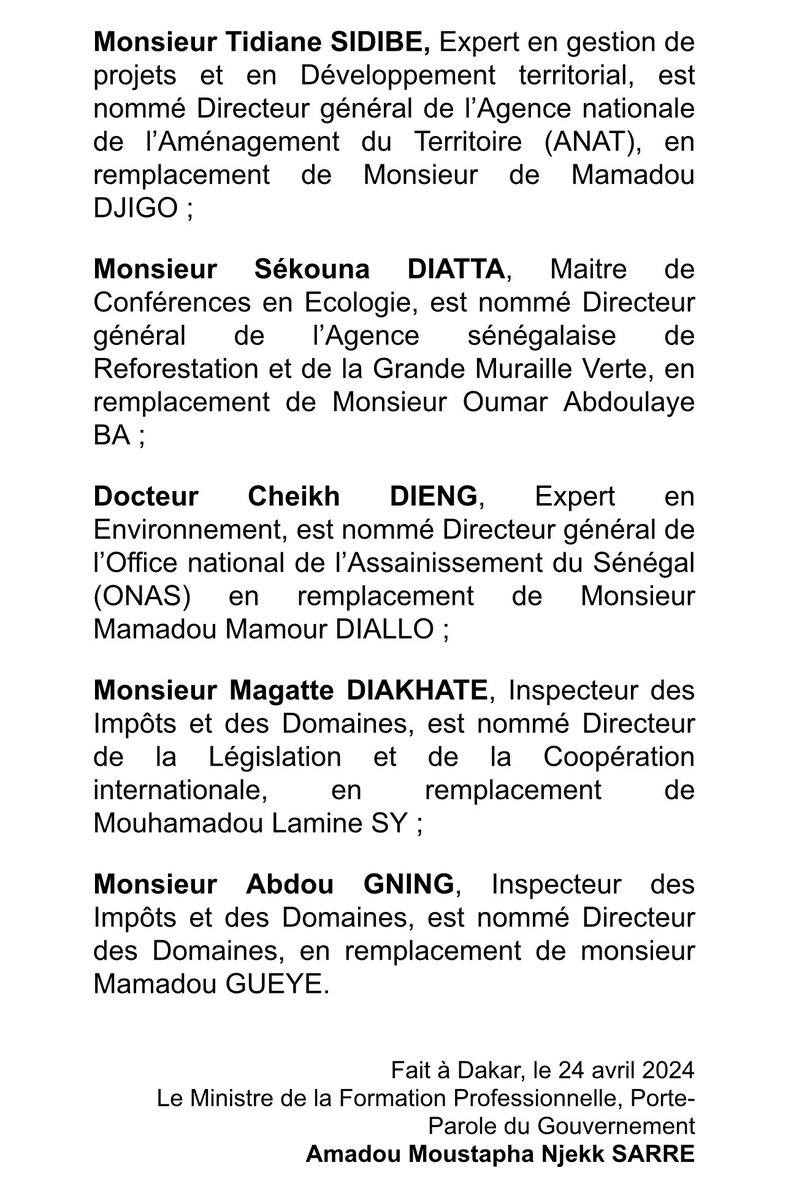 Les Premières nominations de l’ère Bassirou Diomaye Faye quelques semaines après la constitution du Gouvernement. Pape Alé Niang remplace Racine Talla à la Direction de la RTS. Fadilou Keita à la tête de la CDC, Waly Diouf Bodian prend la direction du Port…