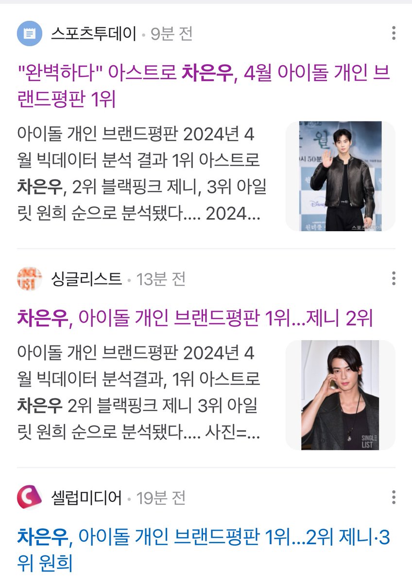 Idol Individual Brand Reputation for April 2024 1st is #차은우 😄 not up yet with the site but articles are already up!