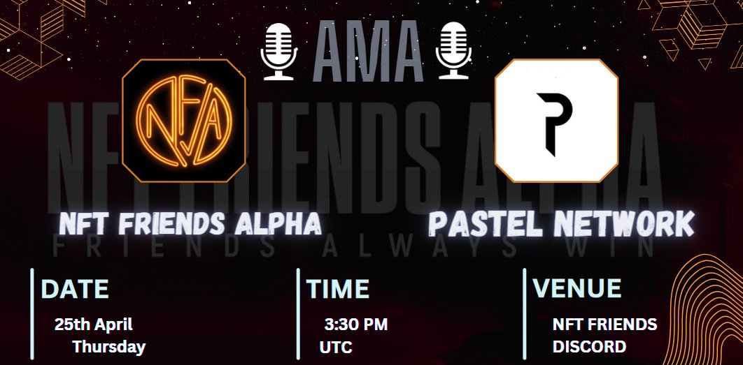🤝NFT Friends Alpha X Pastel Network🤝

Hello everybody,
We are excited to announce that we have an upcoming AMA session with <a href="/PastelNetwork/">Pastel Network</a> scheduled for Thursday , 25th April , at 3:30 PM UTC.

We extend a warm invitation to all of you to participate in this exclusive event and