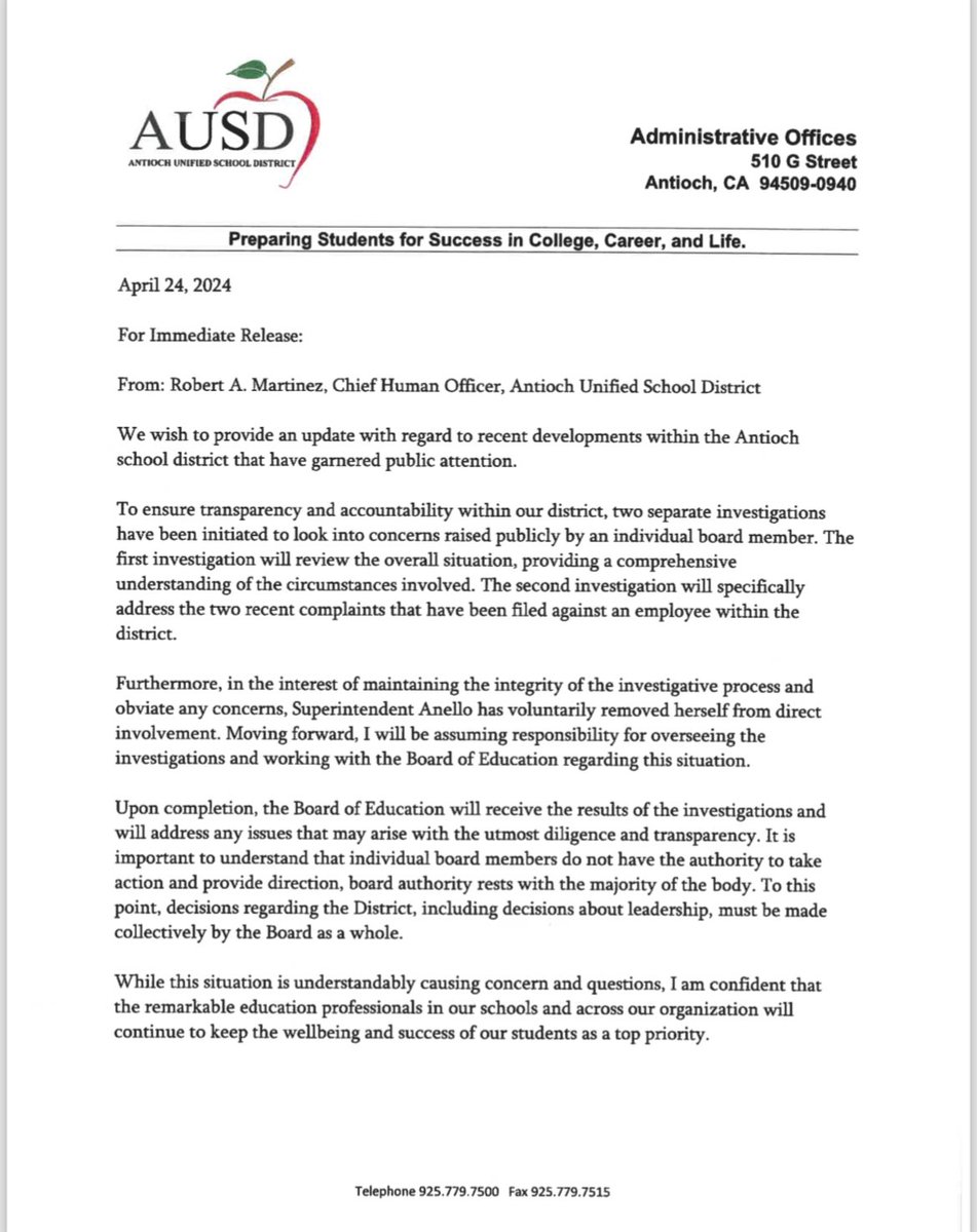 NEW: Antioch Unified School District Superintendent Stephanie Anello says  she has initiated 2 investigations into worker bullying claims. 1 is the  direct result of an @nbcbayarea investigation last week. We spoke to