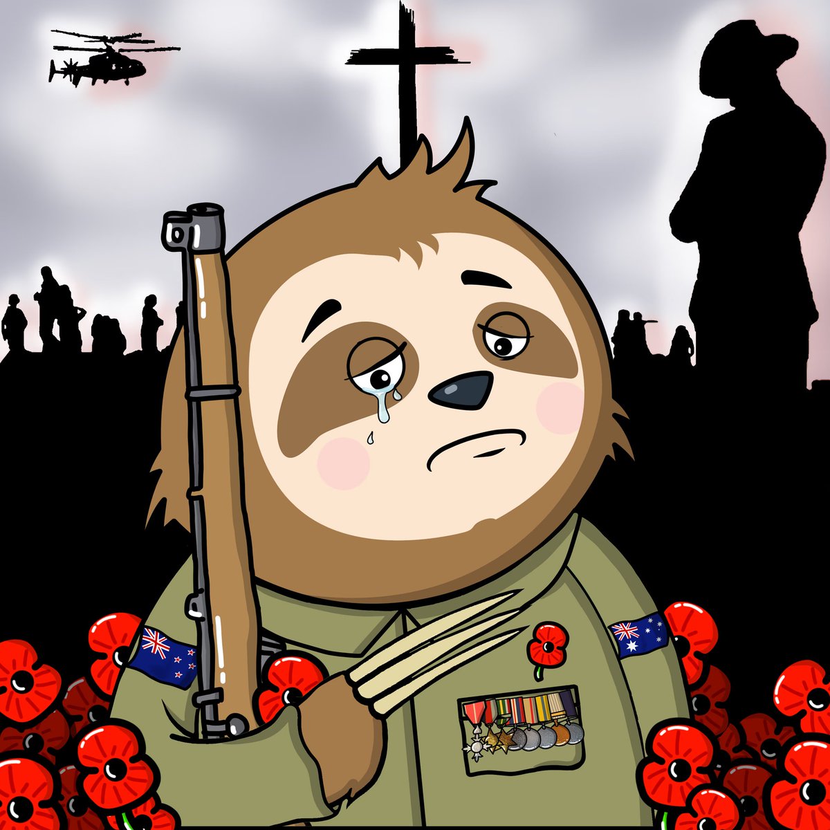 slotheezNFT's tweet photo. Today we honour the bravery &amp; sacrifice of all those who served &amp; continue to serve.

Today, Anzac Day, we stand together in remembrance, gratitude &amp; respect. 🕊️🇦🇺🇳🇿

Lest We Forget! 

This is especially for all our New Zealand &amp; Australian friends.

#AnzacDay2024 #AnzacDay https://t.co/PXsSQiPSyY