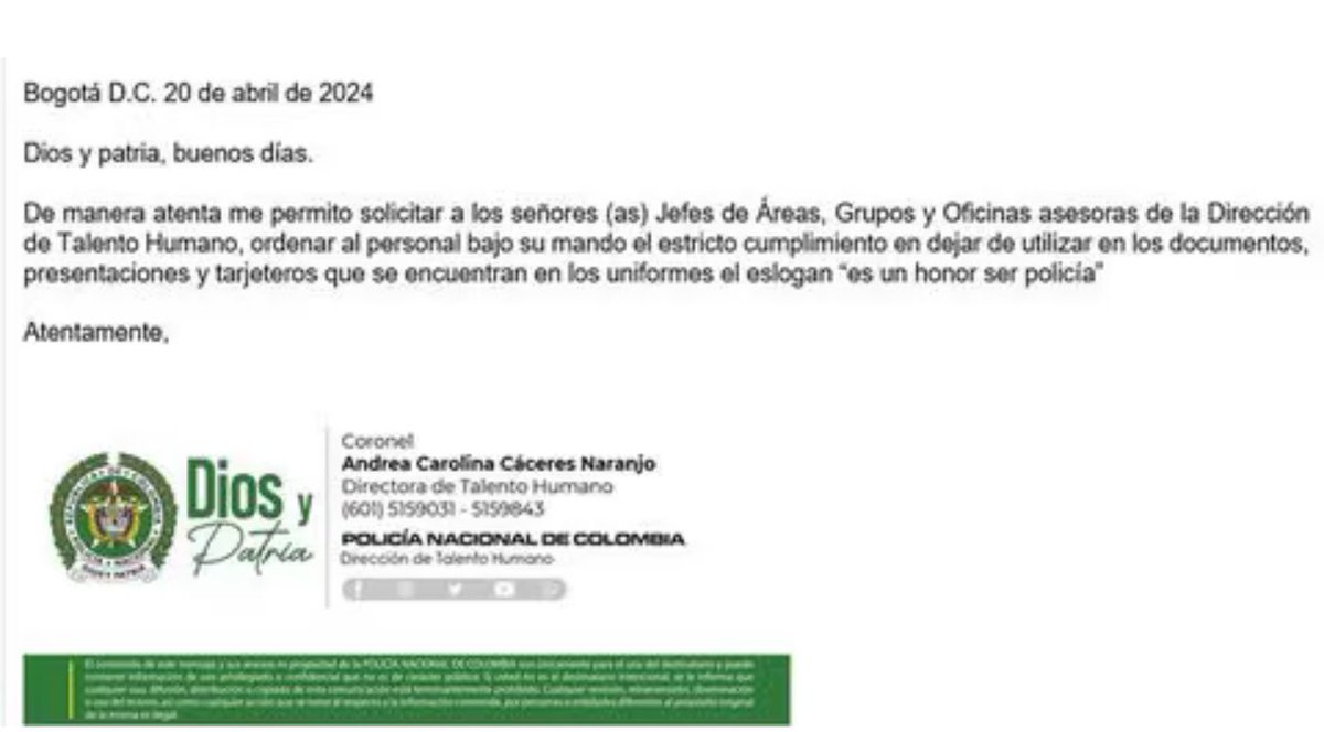 LafaurieCabal's tweet photo. Ya este gobierno no oculta su odio hacia nuestros policías. La coronel Andrea Cáceres Naranjo, directora de Talento Humano, ha ordenado a todos los miembros de la institución a nivel nacional dejar de utilizar el eslogan 'es un orgullo ser policía'. 

Le brindaremos asistencia jurídica a todo policía que se sienta orgulloso de servir a nuestra nación y sea perseguido por la institución.