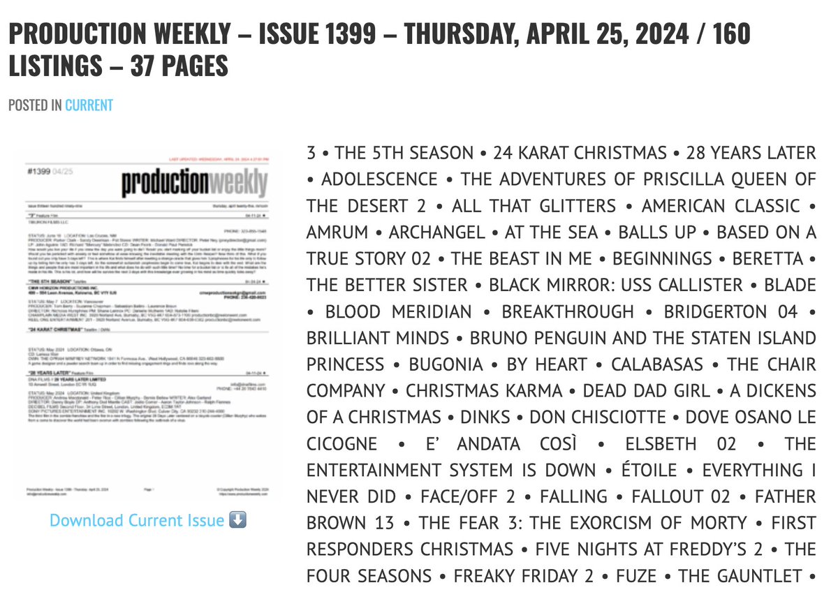 Production Weekly - Issue 1399 - Thursday, April 25, 2024 / 160 Listings - 37 Pages Download Current Issue ⬇️ productionweekly.com/production-wee…