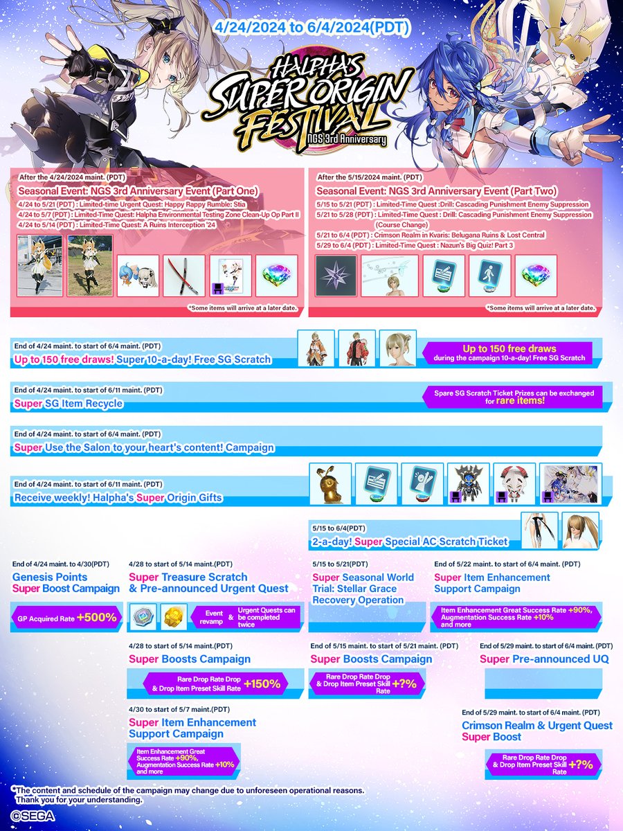 Halpha's Super Origin Festival is underway in #PSO2NGS! Check out this overview of what's coming for Part 1 of the festivities! 🎉💫✨ What in particular catches your eye, ARKS Defender? 👀