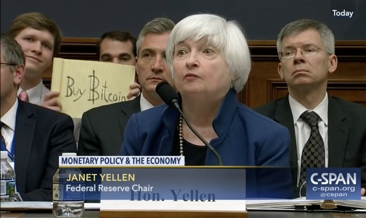 JUST IN: Buy #Bitcoin sign shown behind Janet Yellen at a congressional testimony in 2017 sells for $1 Million at auction.