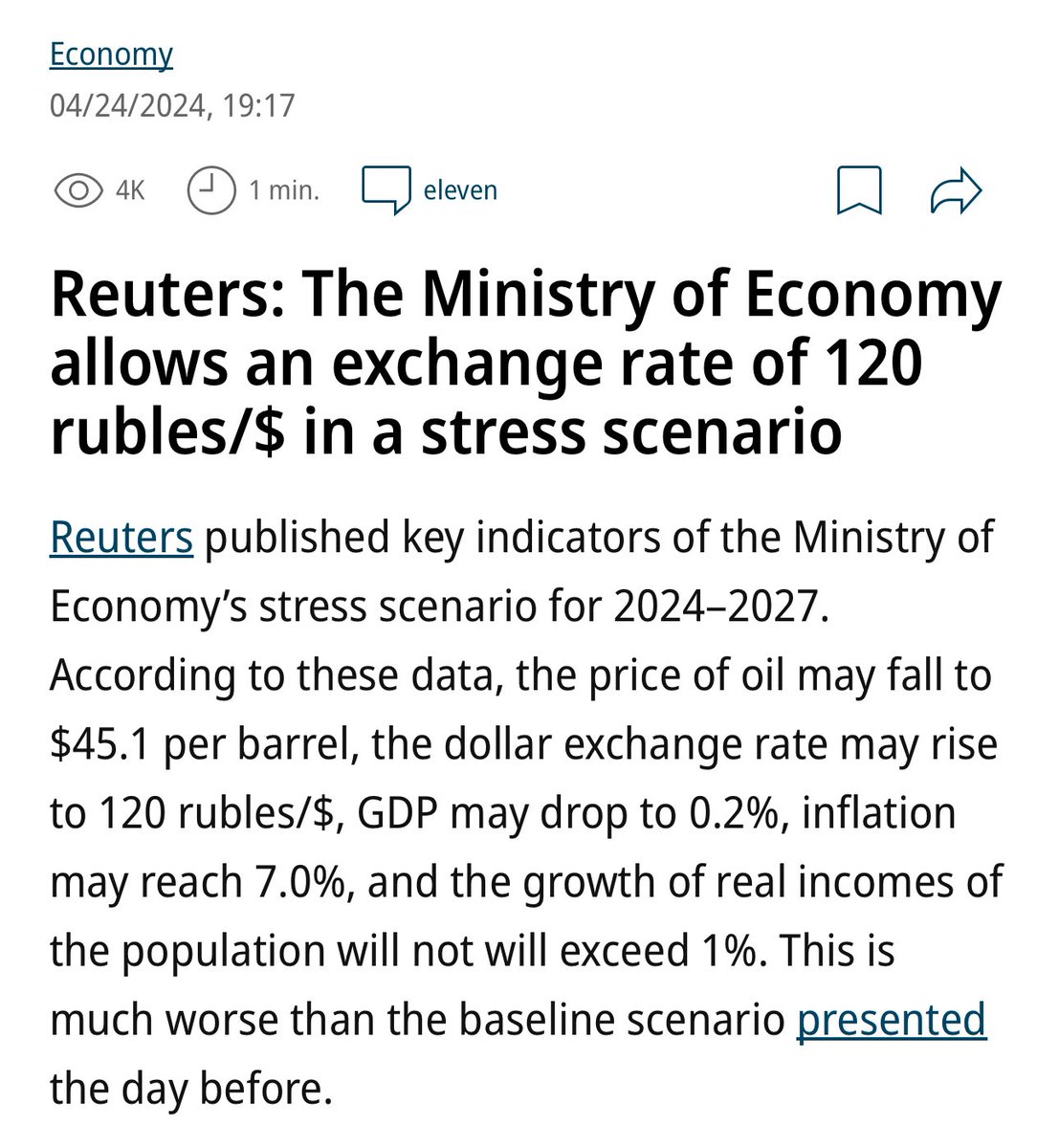 “Reuters: The Ministry of Economy allows an exchange rate of 120 rubles/$ in a stress scenario” 🍿🥤 kommersant.ru/doc/6665099?fr…
