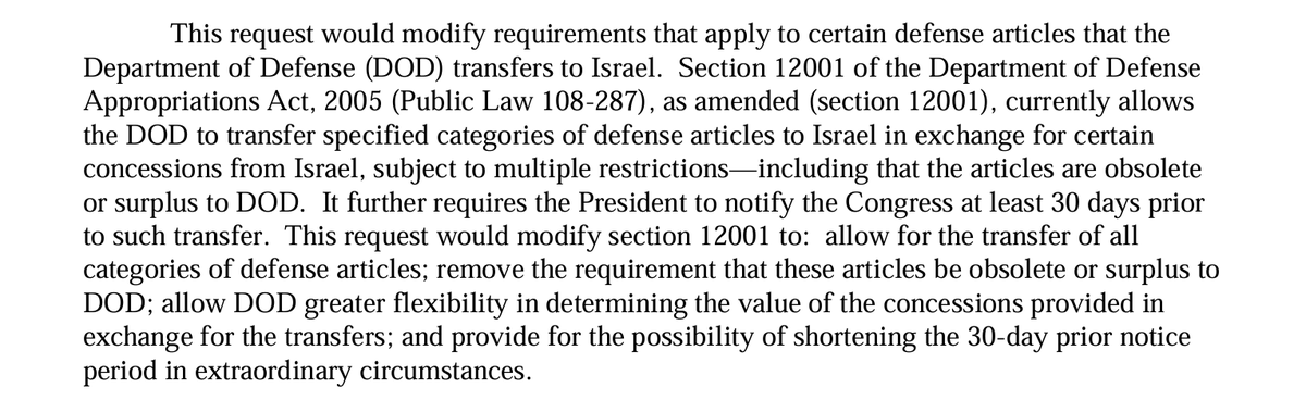 dcli's tweet photo. for decades, usg has kept a massive arms cache in israel, up to $4.4bn in value.

a sneaky little piece of the law signed today basically allows usg to give those weapons to israel for free, with even less oversight than before (description from wh letter to congress) https://t.co/VPE7SUaquZ