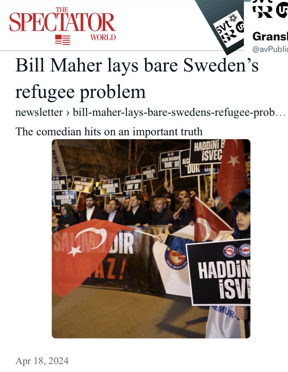 Hej @SVT, vi kan fortfarande inte se att ni har rapporterat om kände amerikanske talkshowvärden Bill Mahers senaste utspel om Sverige? Rimligen borde det finnas ett allmänintresse och nyhetsvärde? Det var i sin talkshow “Real Time with Bill Maher” som Maher fredag 12 april tog