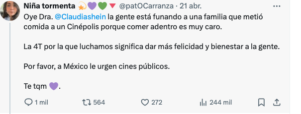 RealArturoH's tweet photo. ¿Se acuerdan de @patOCarranza? La que le pidió a "Claudia Sheinbaum" cines del bienestar subsidiados "quesque" Cinepolis tiene la comida muy cara (porque Patricia no puede ver una película sin estar comiendo).   Pues encontré algo interesante de ella...

😀