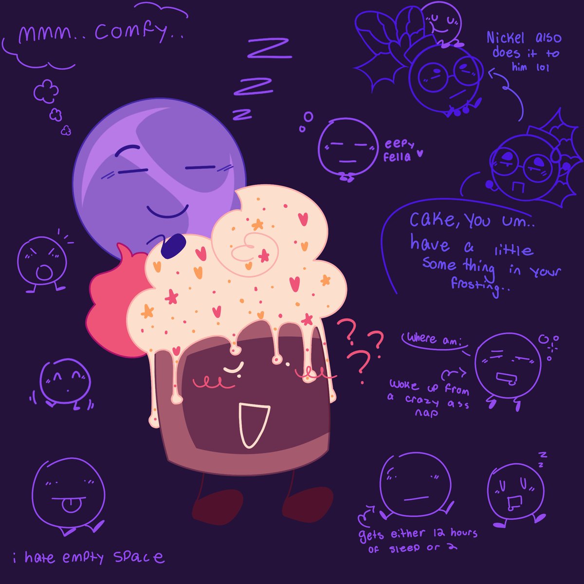 day 40  ; sleepy  time
 
 hes  my  favorite  character  and  i  get  to  project  onto  him! hes  like  a  fucked  up  bird  that  nests  -🌙 #objectshowcommmunity #osc #bfdi #tpot #nickelbfb