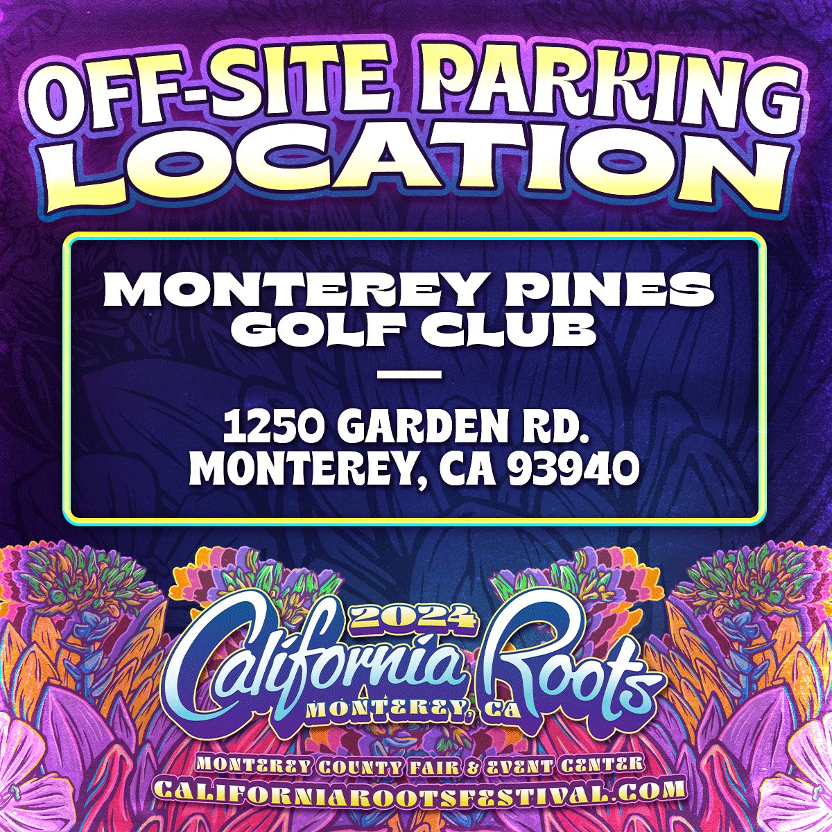 PULL UP TO DA OFFSITE PARKING 🏁 Limited amount of passes, grab them while you can. 🅿️ bit.ly/3w2xS8C Monterey Pines Golf Club 1250 Garden Rd.  Monterey, CA 93940