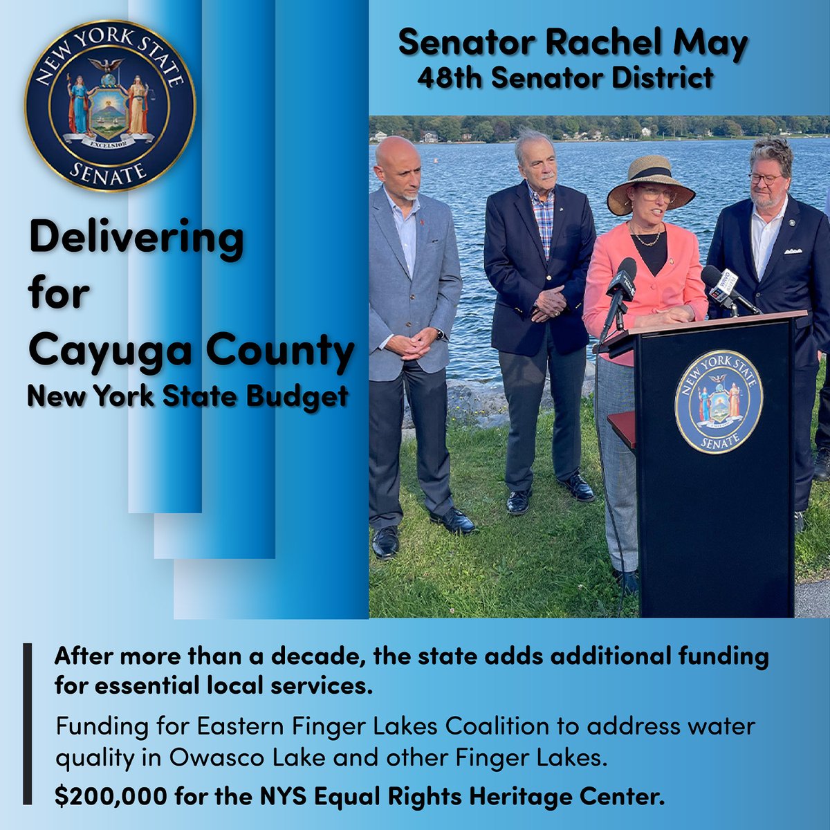 This budget offers significant benefits to Cayuga County. It prioritizes improving and safeguarding Owasco Lake's water quality, which is a primary concern for the region. It also funds essential local services and supports the NYS Equal Rights Heritage Center.