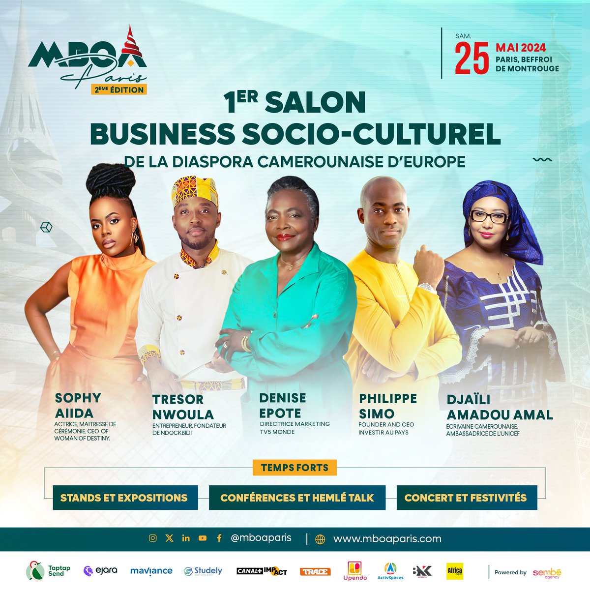 MboaParis's tweet photo. #mboaparis2024 🇨🇲 | OFFICIEL
Heureux de vous dévoiler les premiers noms des intervenants de la seconde édition du salon @mboaparis.
#DeniseEpoté
@DjailiAmal
@SophyAiida
@ndockbidi (@Tresor_Nwoula)
#PhilippeSimo
Prenez votre billet
🔗https://t.co/TAeQXFOpml
#speakers #mboa https://t.co/YPrmLFEJ73
