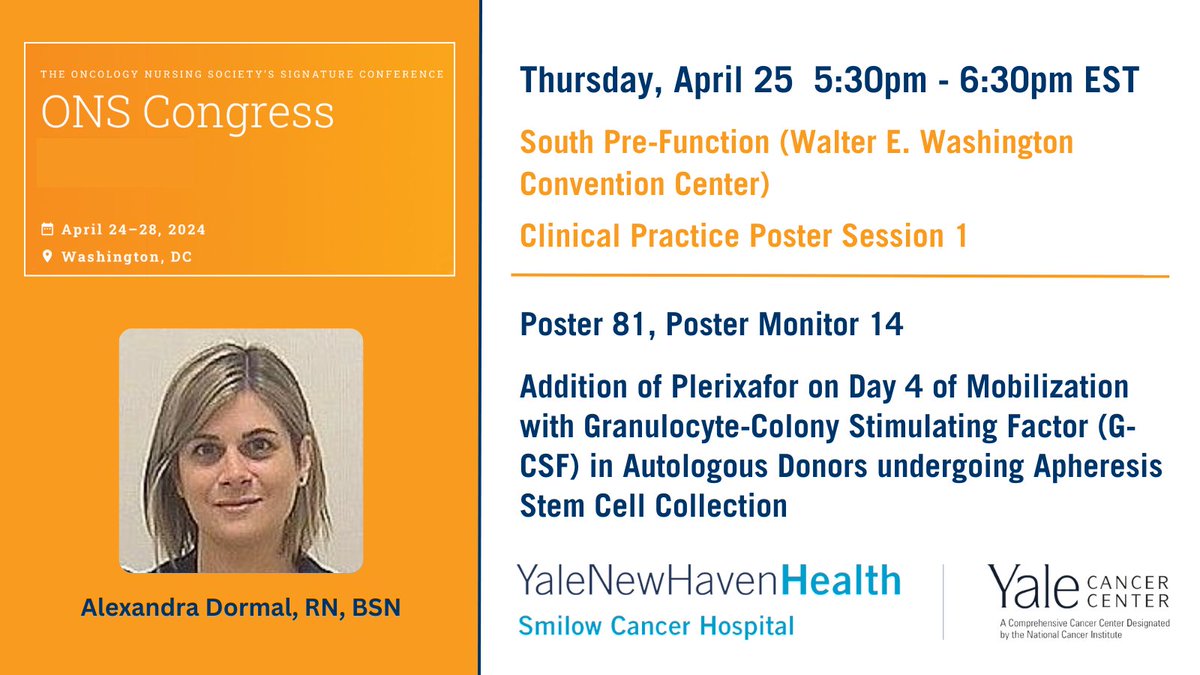 Alexandra Dormal, RN, BSN, will present data showing results of adding plerixafor in the mobilization regimen of patients undergoing autologous collection, today at 5:30pm. #ONSCongress #ONS24 ons.confex.com/ons/2024/meeti… @SmilowCancer @YaleMed @YNHH @YaleHematology @ChrisTormey3